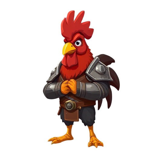 a rooster warrior wearing a bit steel armour wiht closed arms