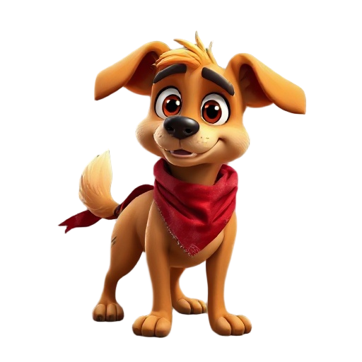 prompt para gerar a pituca:**   **"a brave and agile capoeira dog, orange-brown fur, big expressive eyes, wearing a torn red bandana and a rustic wooden collar. cartoon-style, 3d render with soft cel-