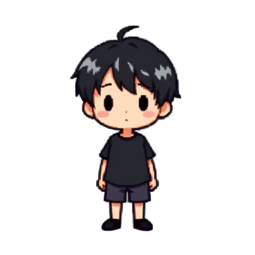 a 32x32 pixel art sprite sheet of a young melancholic boy, with black medium-length hair and light streaks in the front, wearing a simple dark shirt and shorts. designed in the style of omori, minimal