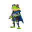 a frog knight humanoid, with a blue cape, armor and a sword in a side-scrolling perspective 