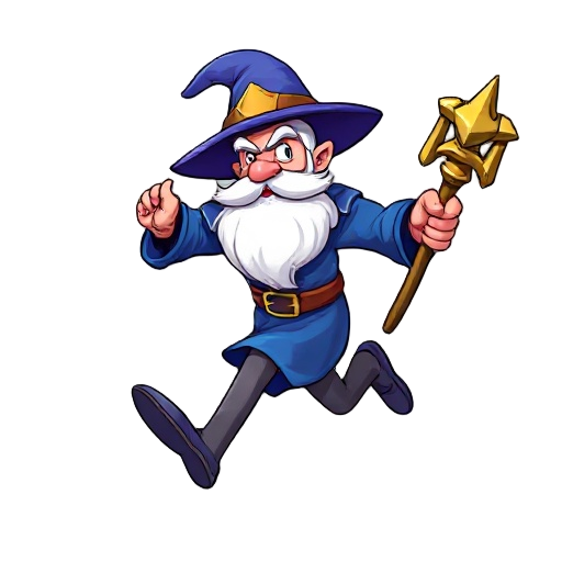 "full body sprite of a wizard running, in the clash royale art style. the wizard has a long white beard, is wearing a pointy wizard hat (like a traditional witch/wizard hat) and a blue robe, holding a magical staff. the pose should clearly show a dynamic 