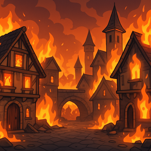 imagem de uma cidade medieval pegando fogo