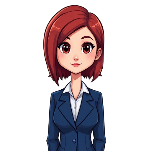 e woman with shoulder-length red hair, blue suit with white blouse underneath, professional looking