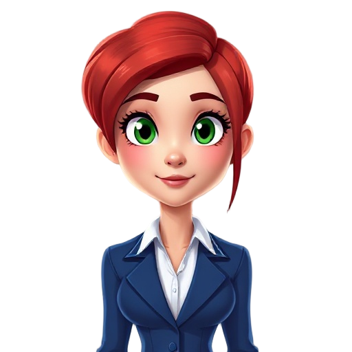 face of a woman with red hair and blue suit with white blouse underneath and blue suit pants and green eyes