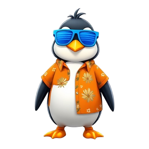 penguin wearing an orange hawaiian shirt, blue shutter glasses