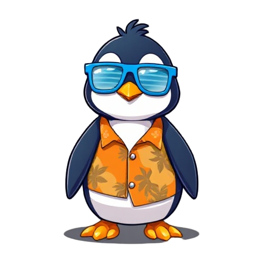 16-bit, penguin wearing an orange hawaiian shirt, blue shutter glasses