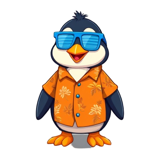 16-bit, penguin wearing an orange hawaiian shirt, blue shutter glasses