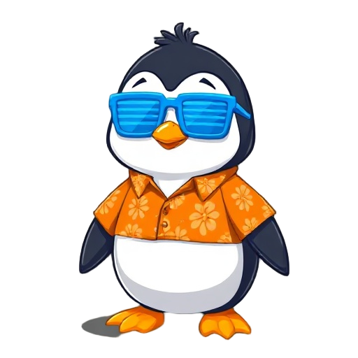 16-bit, penguin wearing an orange hawaiian shirt, blue shutter glasses