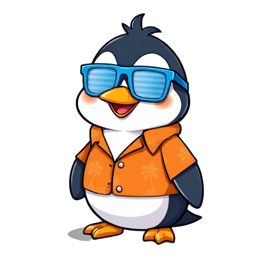16-bit, penguin wearing an orange hawaiian shirt, blue shutter glasses
