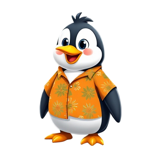 penguin wearing an orange hawaiian shirt