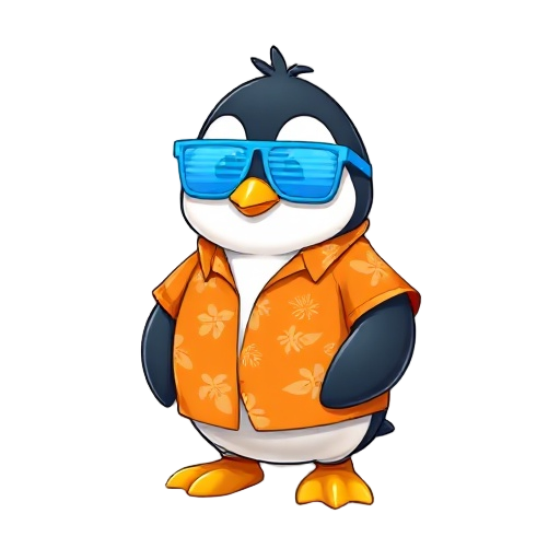 penguin wearing an orange hawaiian shirt, blue shutter glasses