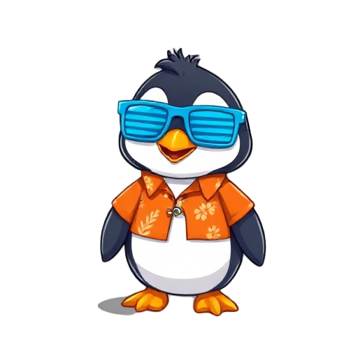 16-bit, penguin wearing an orange hawaiian shirt, blue shutter glasses