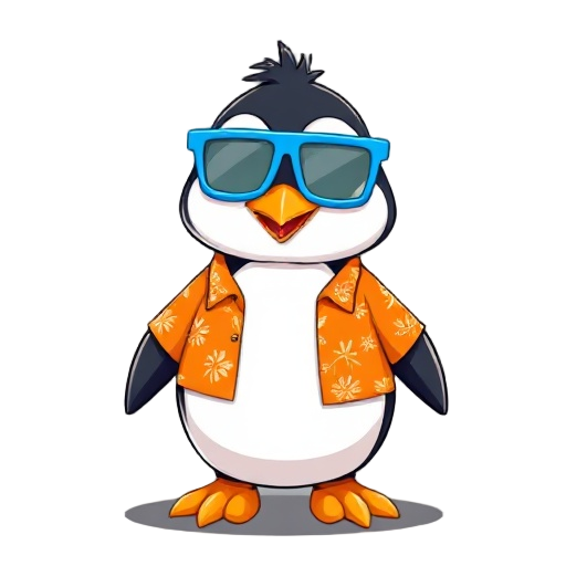 16-bit, penguin wearing an orange hawaiian shirt, blue shutter glasses