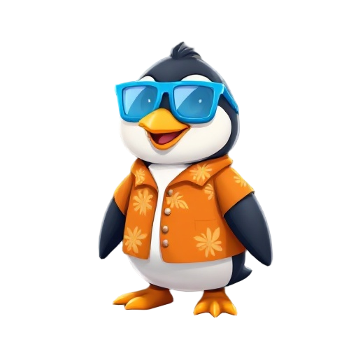 16-bit, penguin wearing an orange hawaiian shirt, blue shutter glasses