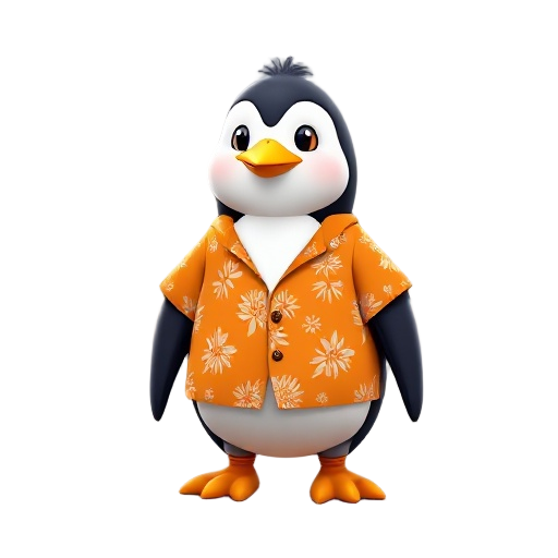 penguin wearing an orange hawaiian shirt