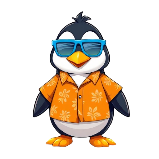 16-bit, penguin wearing an orange hawaiian shirt, blue shutter glasses