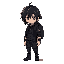 chibi black hair, dark asymetric clothes, post-apocaliptic setting, male, long hair, backpack