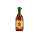 a bottle of barbacue sauce, with the cap and label and background black