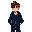 man 17 years, dark navy blue hoodie with zipper, tech pants dark color, brown messy hair, green eyes. futuristic, adolecent, mature