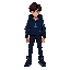 teenage boy with messy dark brown hair and glowing teal eyes, wearing a navy blue high-tech hoodie with glowing blue runes, dark slim pants, futuristic boots, standing or crouching on a sleek sci-fi