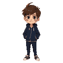 boy 17 years, dark navy blue hoodie with zipper, tech pants dark color, brown messy hair, green eyes 