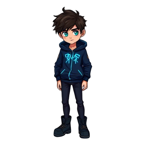 teenage boy with messy dark brown hair and glowing teal eyes, wearing a navy blue high-tech hoodie with glowing blue runes, dark slim pants, futuristic boots, standing or crouching on a sleek sci-fi
