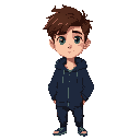 man 17 years, dark navy blue hoodie with zipper, tech pants dark color, brown messy hair, green eyes 