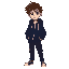man 17 years, dark navy blue hoodie with zipper, tech pants dark color, brown messy hair, green eyes 