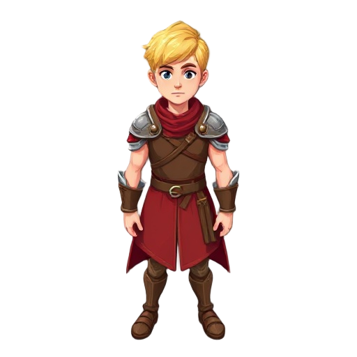 blonde young man.  red cloth armour with bare arms. 