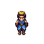 young male warrior. blonde hair with a red headband. blue cloth armour with bare arms.  a katana on his back