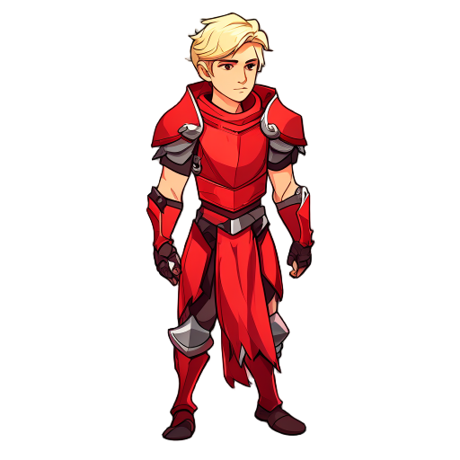 blonde young man.  red cloth armour with bare arms. 