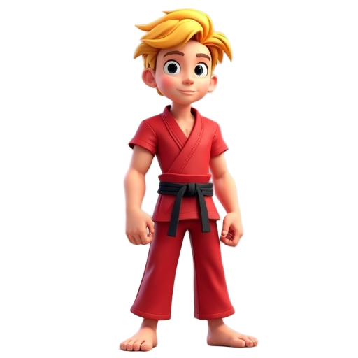 blonde haired young man.  red cloth gi.  bare arms.