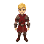 blonde young man.  red cloth armour with bare arms. 