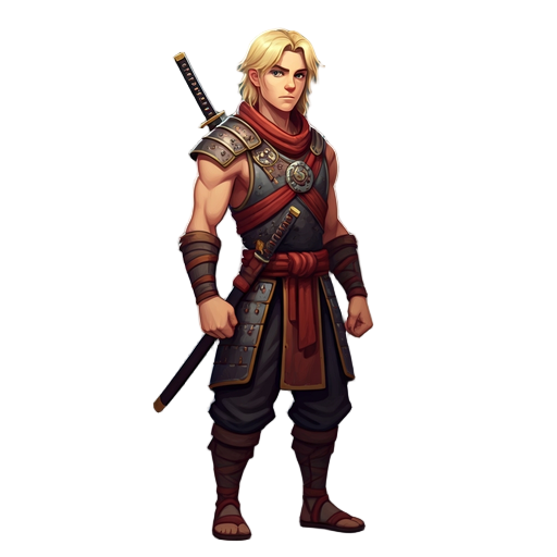young blonde warrior. cloth armour with bare arms.katana on back