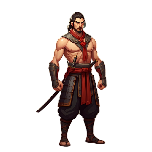 warrior in cloth armour, arms bare, katana in hand