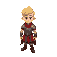 blonde young man.  red cloth armour with bare arms. 