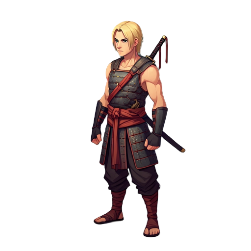 young blonde warrior. cloth armour with bare arms.katana on back