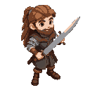 young medieval squire with long hair and sword