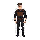 man with black long sleeve shirt, black pants and black boots, with brown leather chest protector