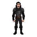 man with black long sleeve shirt, black pants and black boots, with brown leather chest protector