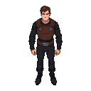man with black long sleeve shirt, black pants and black boots, with brown leather chest protector