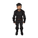 man with black long sleeve shirt, black pants and black boots, with leather protection on the chest.