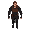 man with black long sleeve shirt, black pants and black boots, with brown leather chest protector