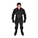 man with black long sleeve shirt, black pants and black boots, with leather protection on the chest.