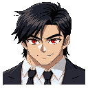 a guy with black hair parted to the side, down to his neck, with sly red eyes, but a calm, cold smile, dressed in a black suit, white shirt, and black tie