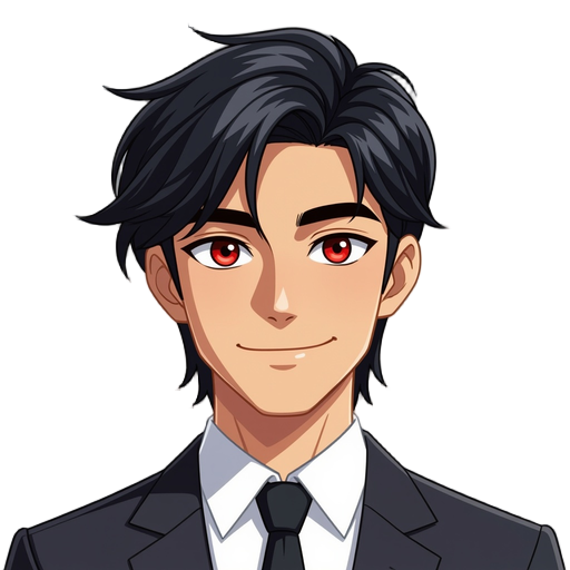 a guy with black hair parted to the side, down to his neck, with sly red eyes, but a calm, cold smile, dressed in a black suit, white shirt, and black tie