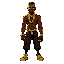 dark-skinned character with a warm brown tone. he has a shaved head and wears no shirt, showcasing his muscular structure. thick gold chains hang over his chest, adding an urban aesthetic.