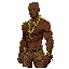 dark-skinned character with a warm brown tone. he has a shaved head and wears no shirt, showcasing his muscular structure. thick gold chains hang over his chest, adding an urban aesthetic.