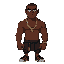 dark-skinned character with a warm brown tone. he has a shaved head and wears no shirt, showcasing his muscular structure. thick gold chains hang over his chest, adding an urban aesthetic.