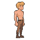 a pitfall harry character from the atari pitfall in 32 high 24 pixel wide, slim mature adult character, natural looking with blond hair, no gear, sideview